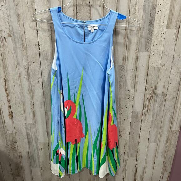 Crown & Ivy  Blue Pink Flamingo Sleeveless A-Line Mini Dress Sz XS Cruise Beach - Picture 1 of 9